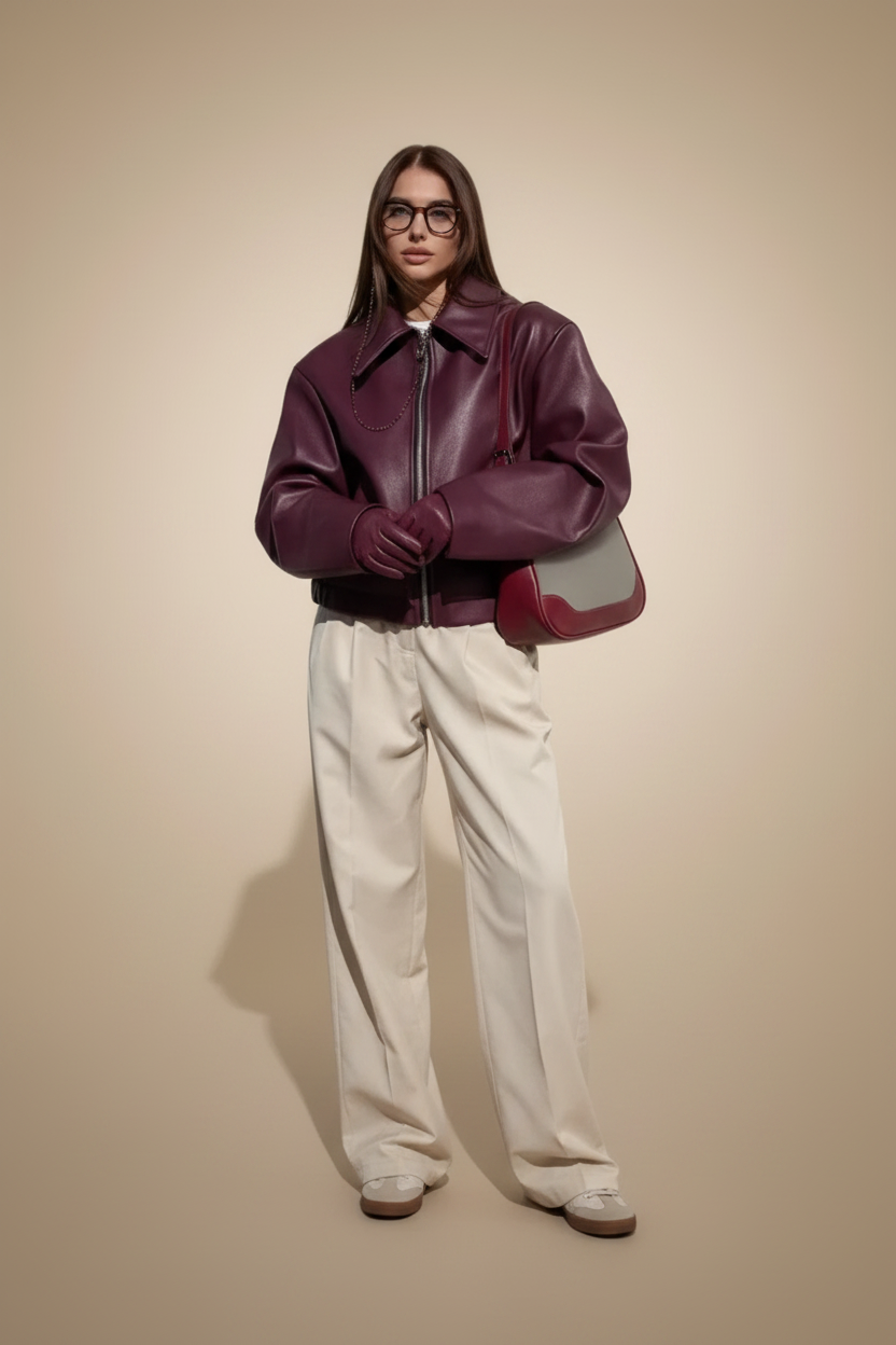 Oversized leren jas met opvallende kraag