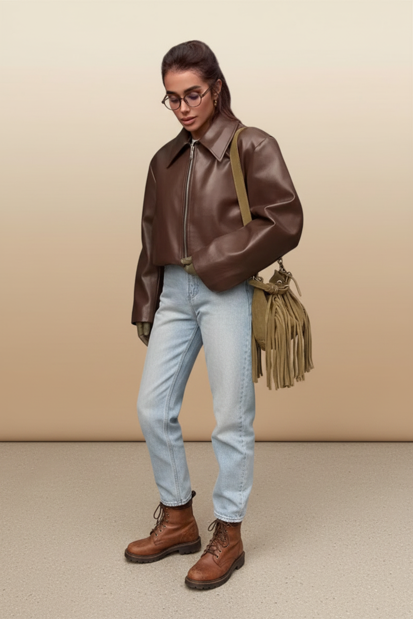 Oversized leren jas met opvallende kraag