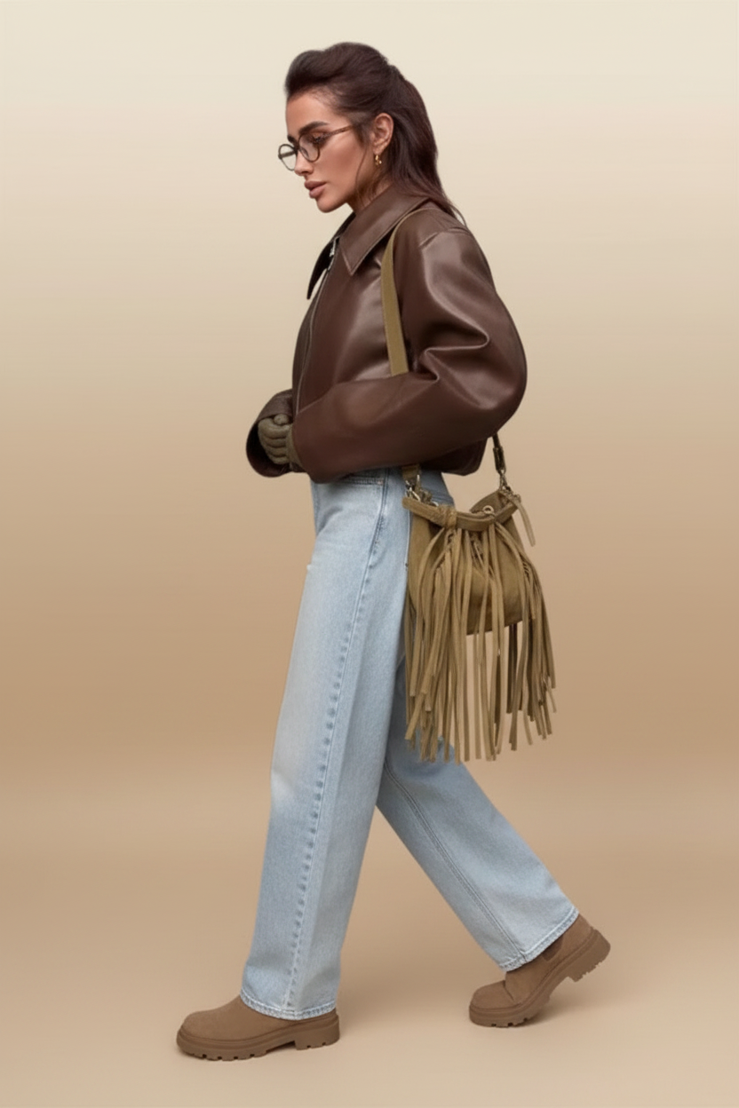 Oversized leren jas met opvallende kraag