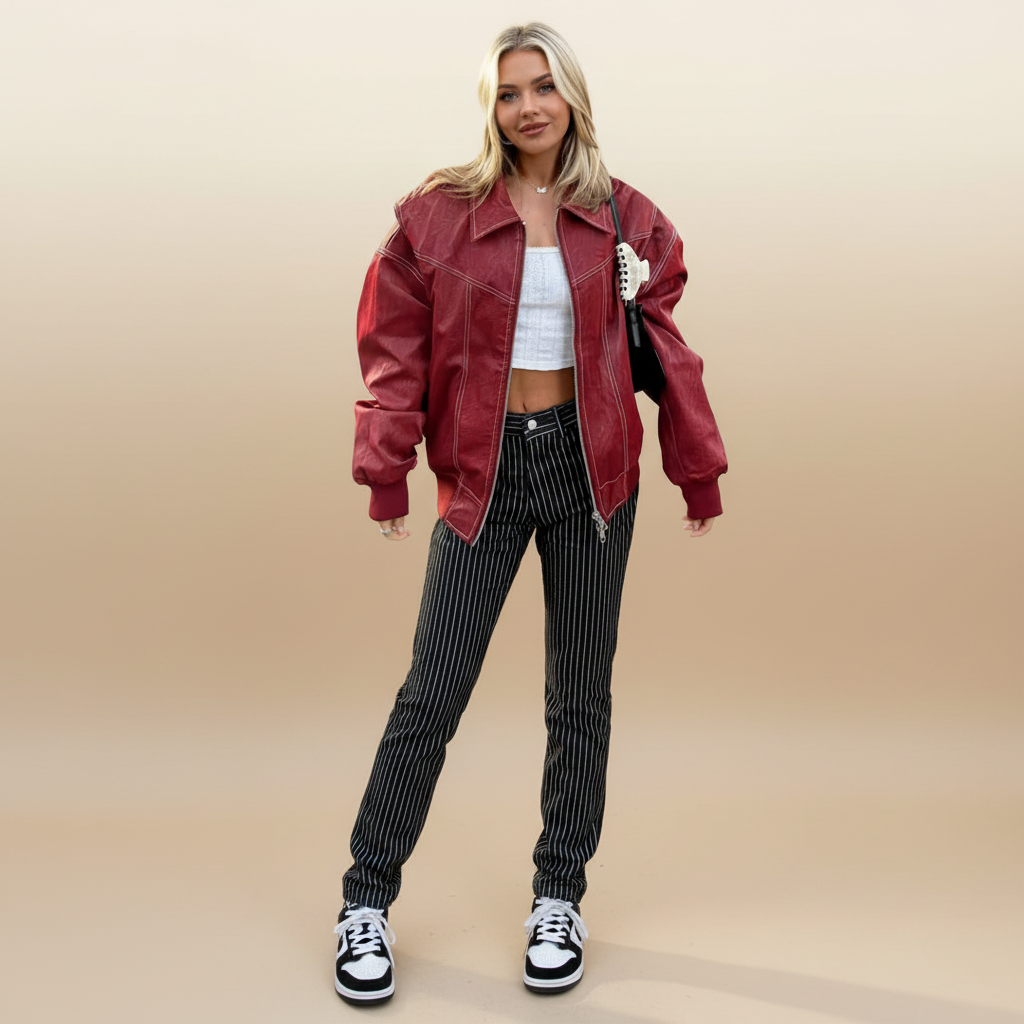 Retro leren jas met ruime pasvorm
