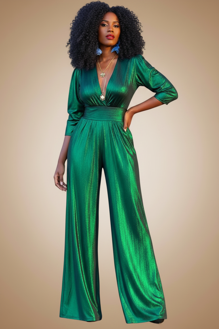 Getailleerde jumpsuit met diepe V-hals en wijde pijpen