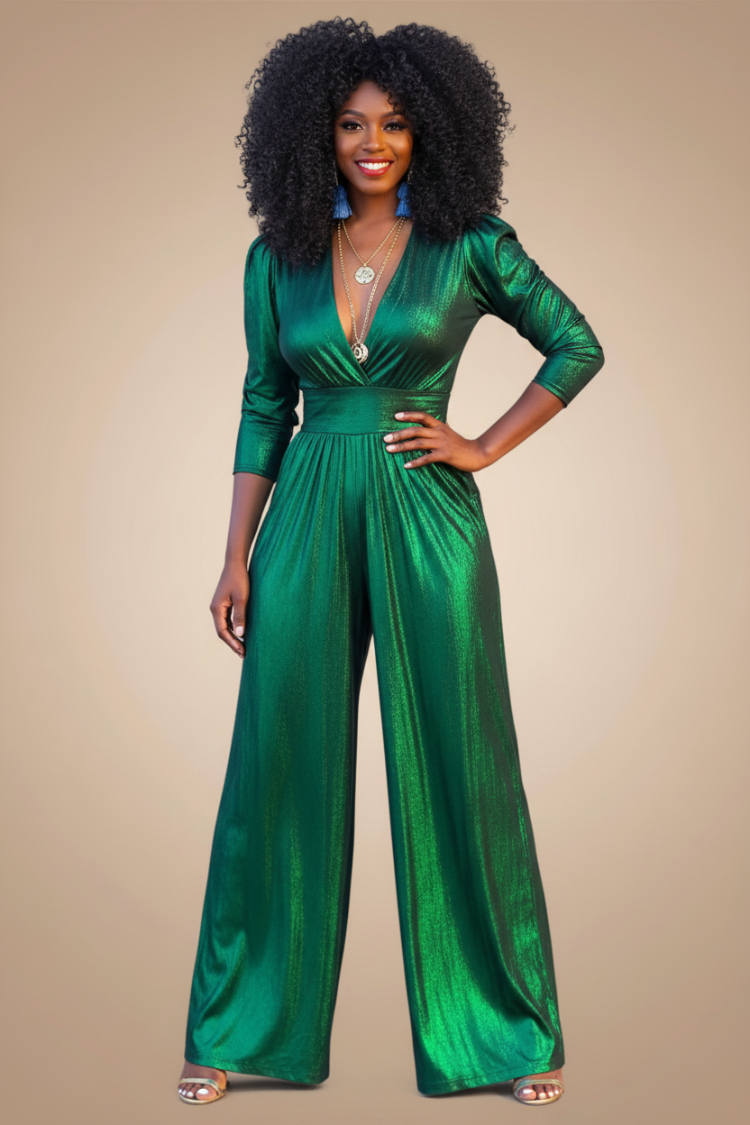 Getailleerde jumpsuit met diepe V-hals en wijde pijpen