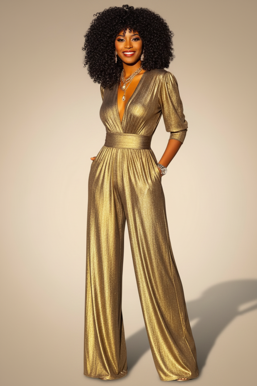 Getailleerde jumpsuit met diepe V-hals en wijde pijpen