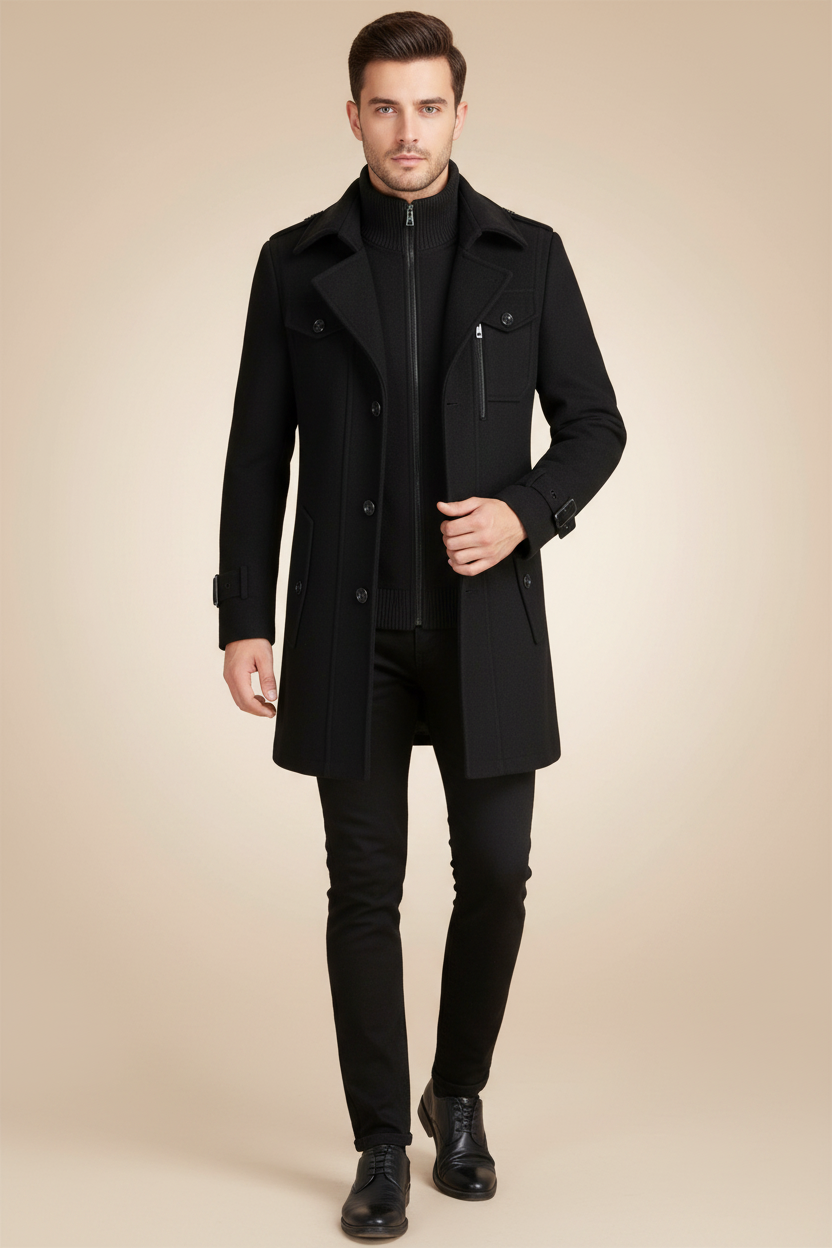Elegante, tijdloze jas met rits en een rij knopen