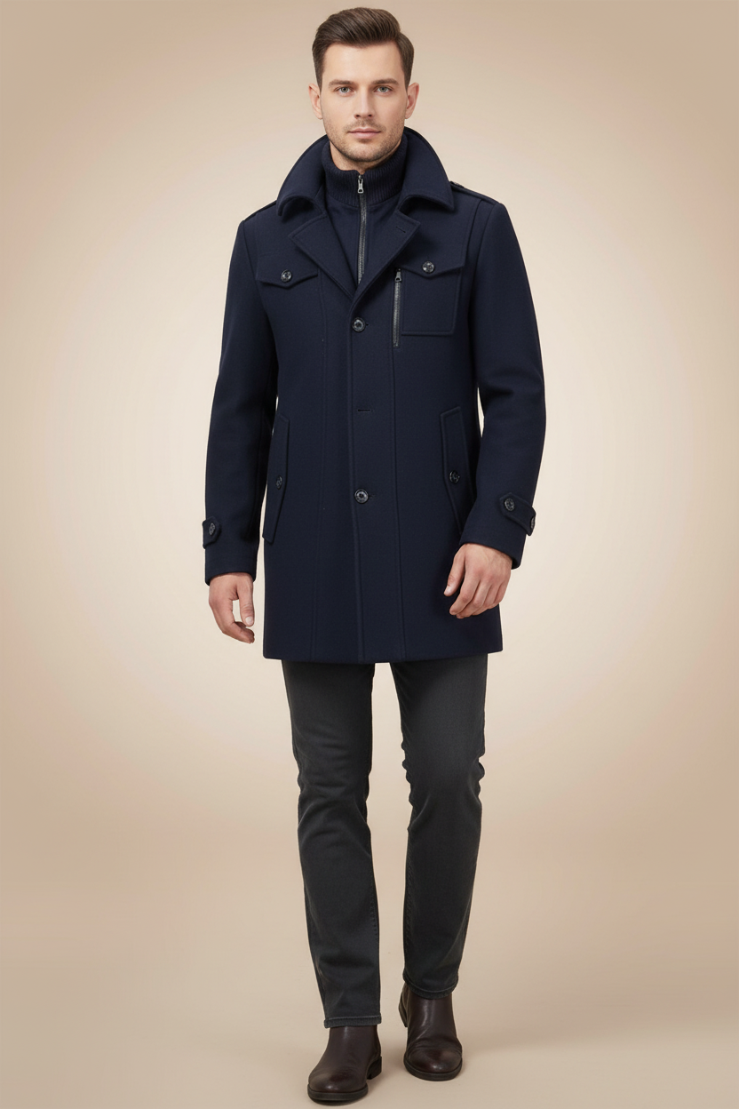 Elegante, tijdloze jas met rits en een rij knopen