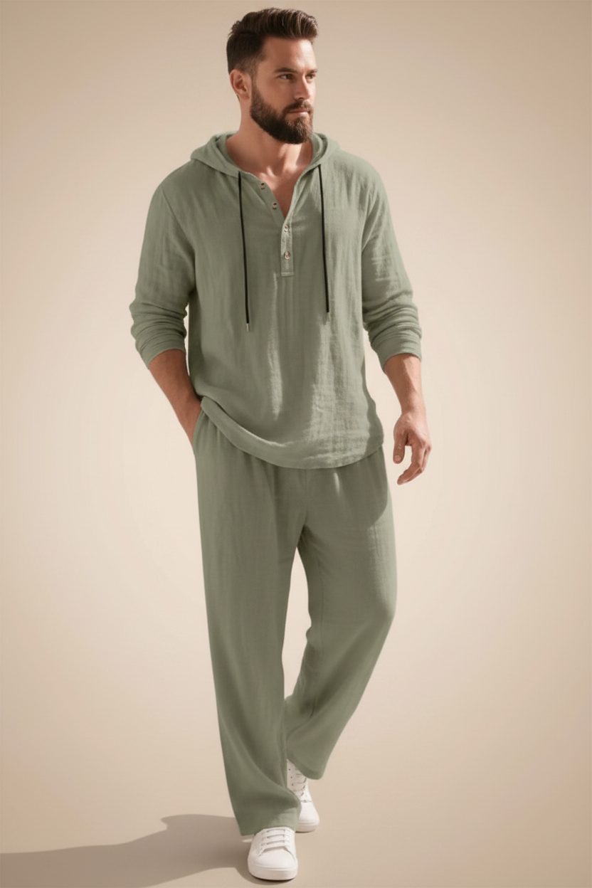 Een casual set voor heren, bestaande uit een shirt en een comfortabele broek