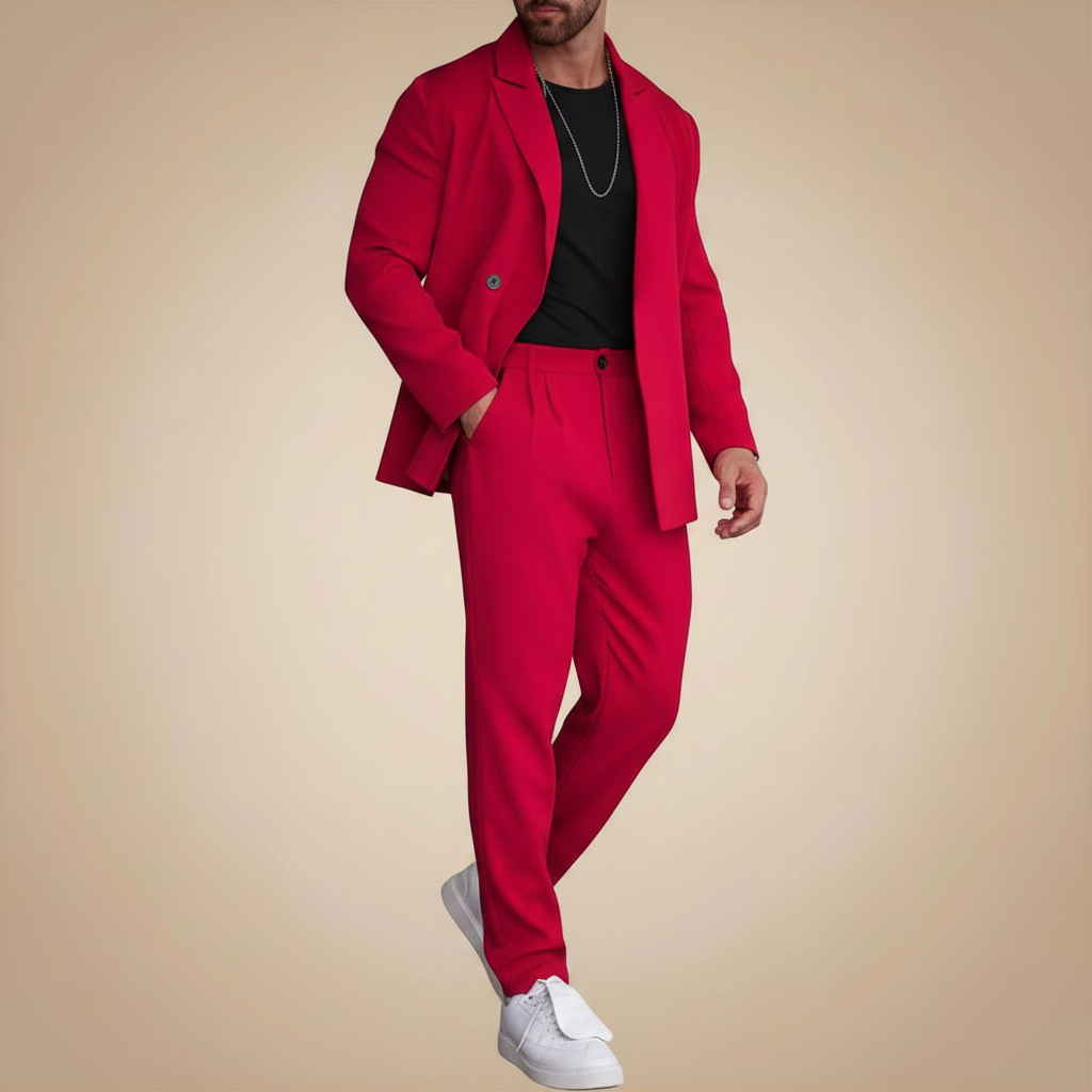 Stijlvol pak, bestaande uit een colbert en een pantalon