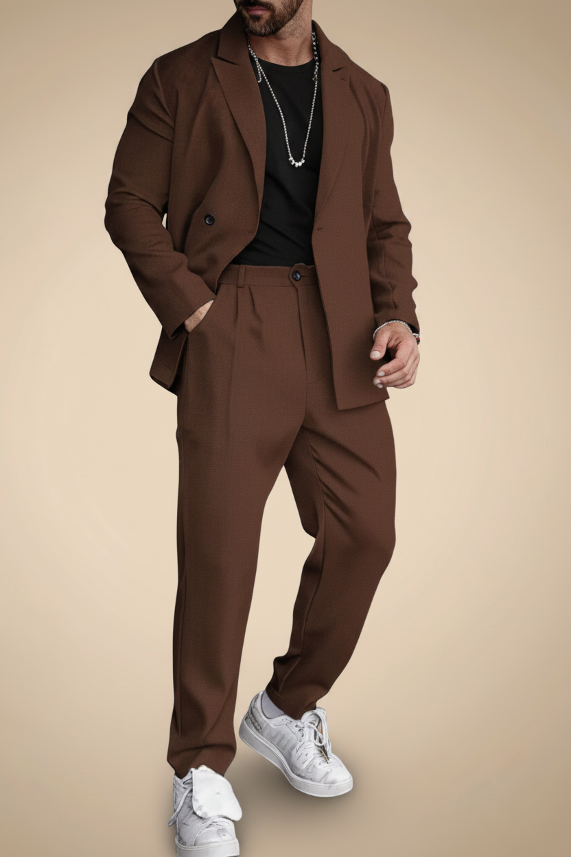 Stijlvol pak, bestaande uit een colbert en een pantalon