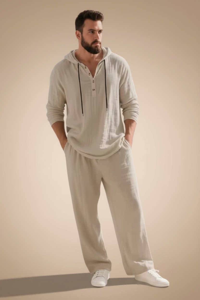 Een casual set voor heren, bestaande uit een shirt en een comfortabele broek