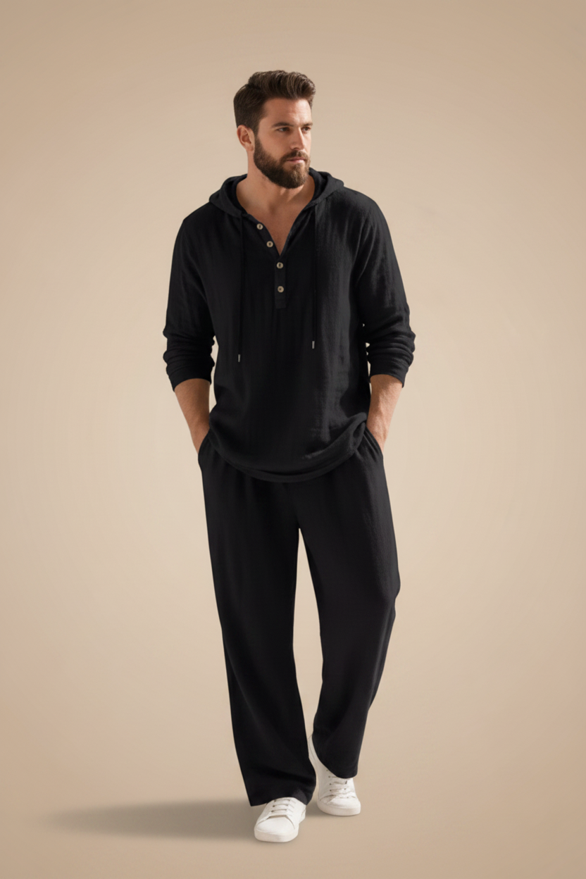 Een casual set voor heren, bestaande uit een shirt en een comfortabele broek