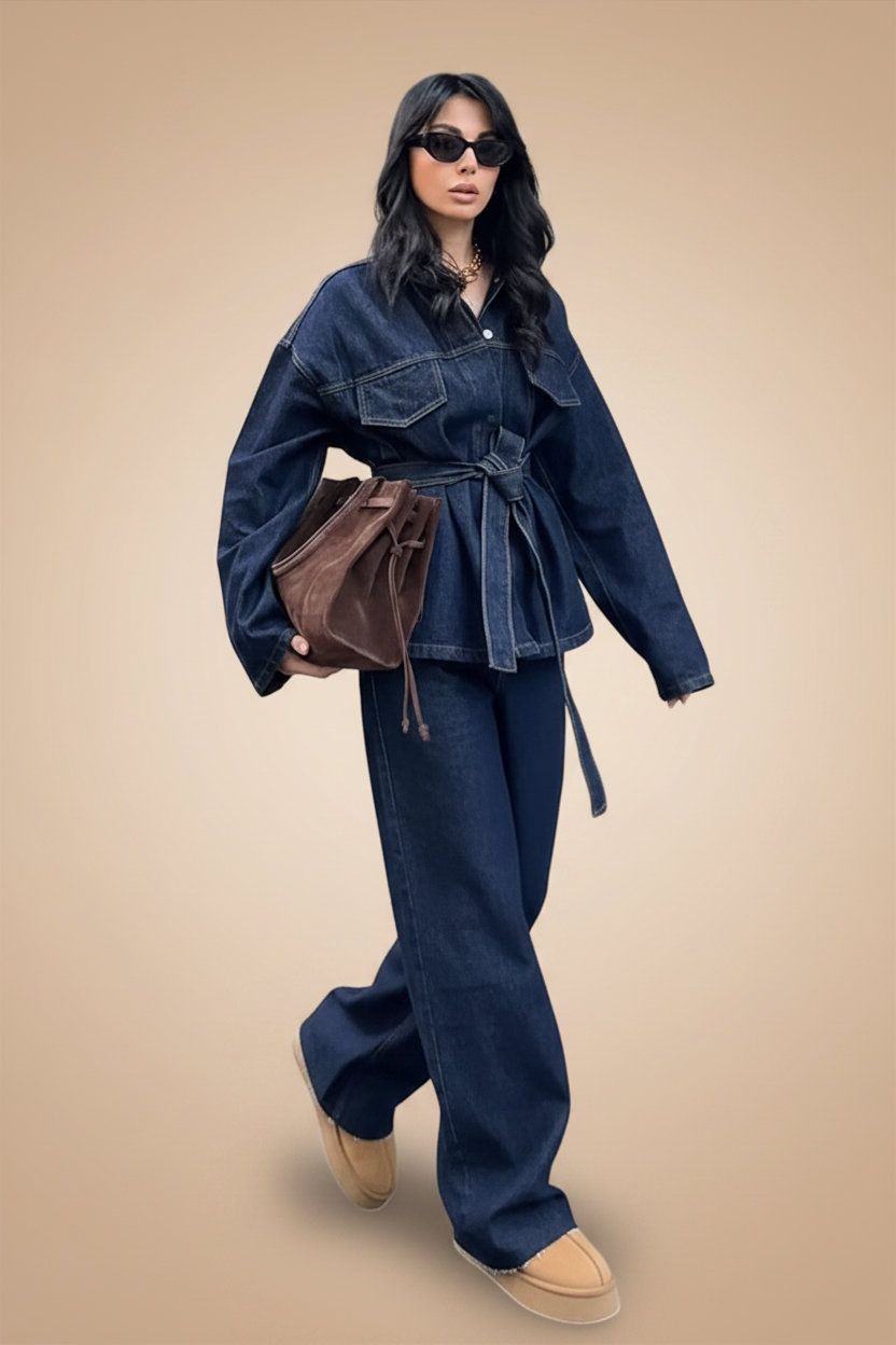 Oversized jas met stoffen riem en opvallende borstzakken