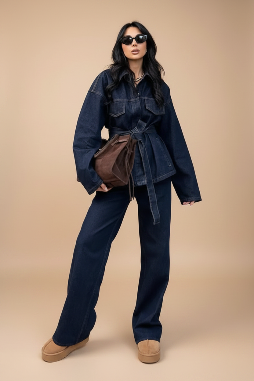 Oversized jas met stoffen riem en opvallende borstzakken