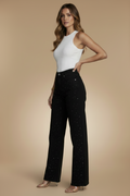 Glinsterende high-waist-jeans met wijde pijpen