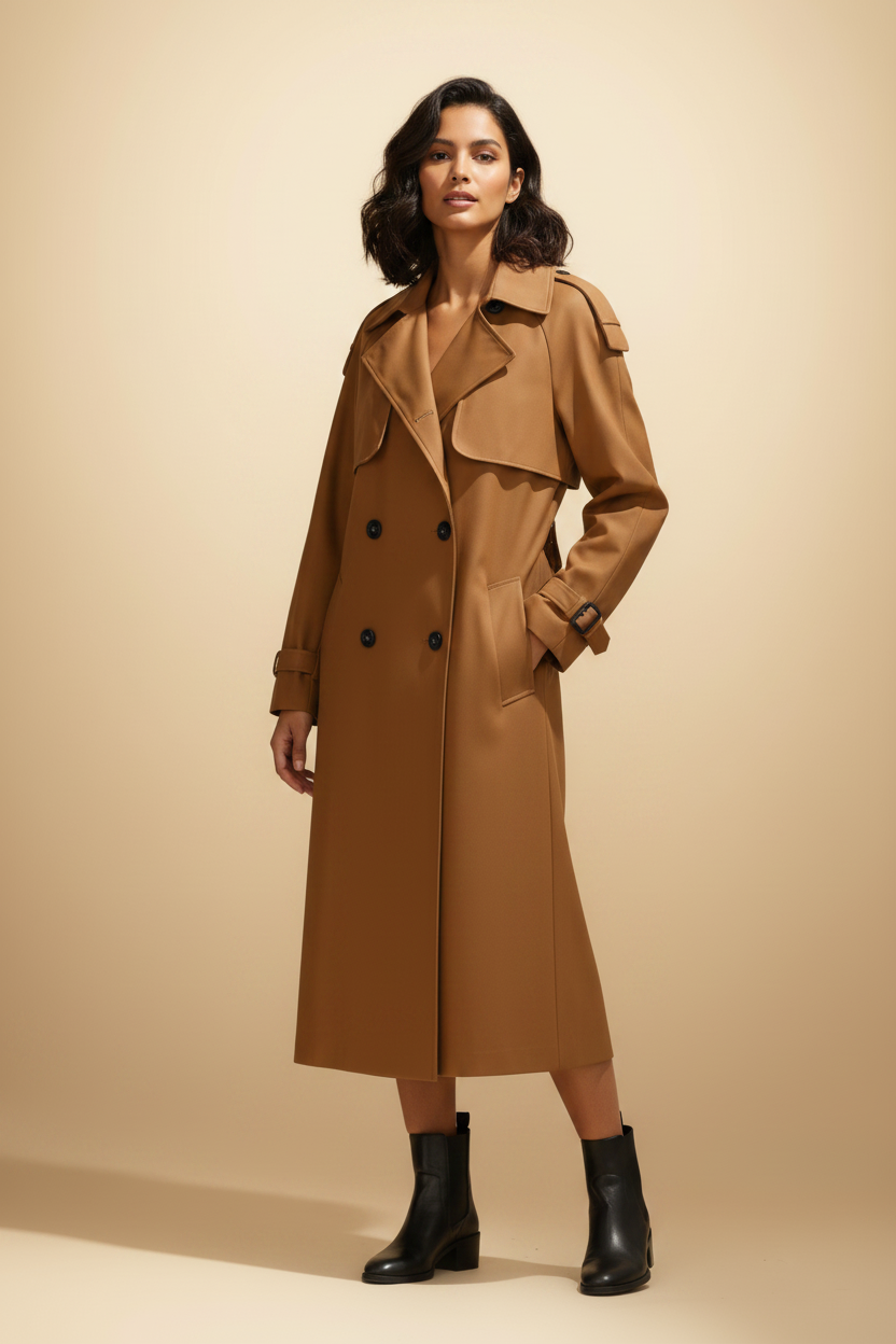 Tijdloze, knielange trenchcoat met reverskraag