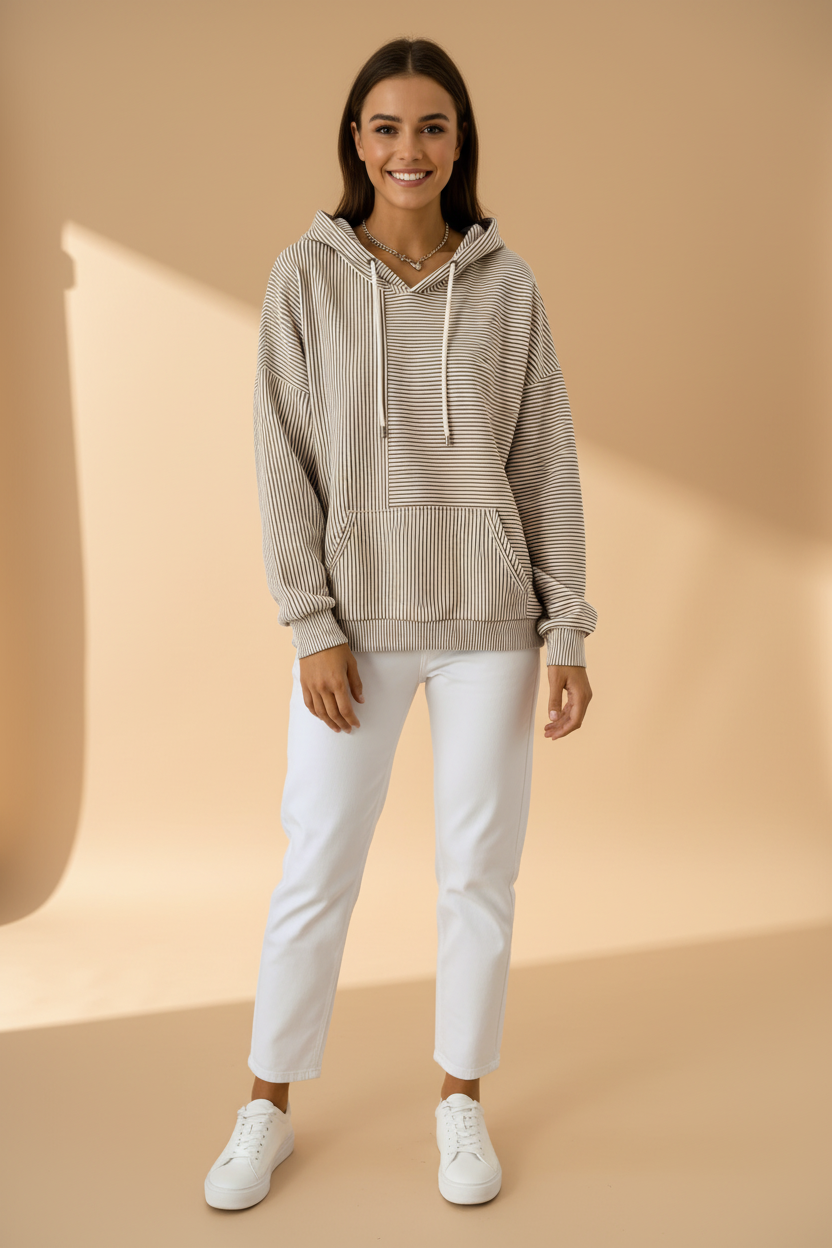 Tweekleurige hoodie met horizontale en verticale strepen