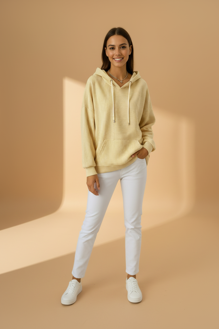 Tweekleurige hoodie met horizontale en verticale strepen