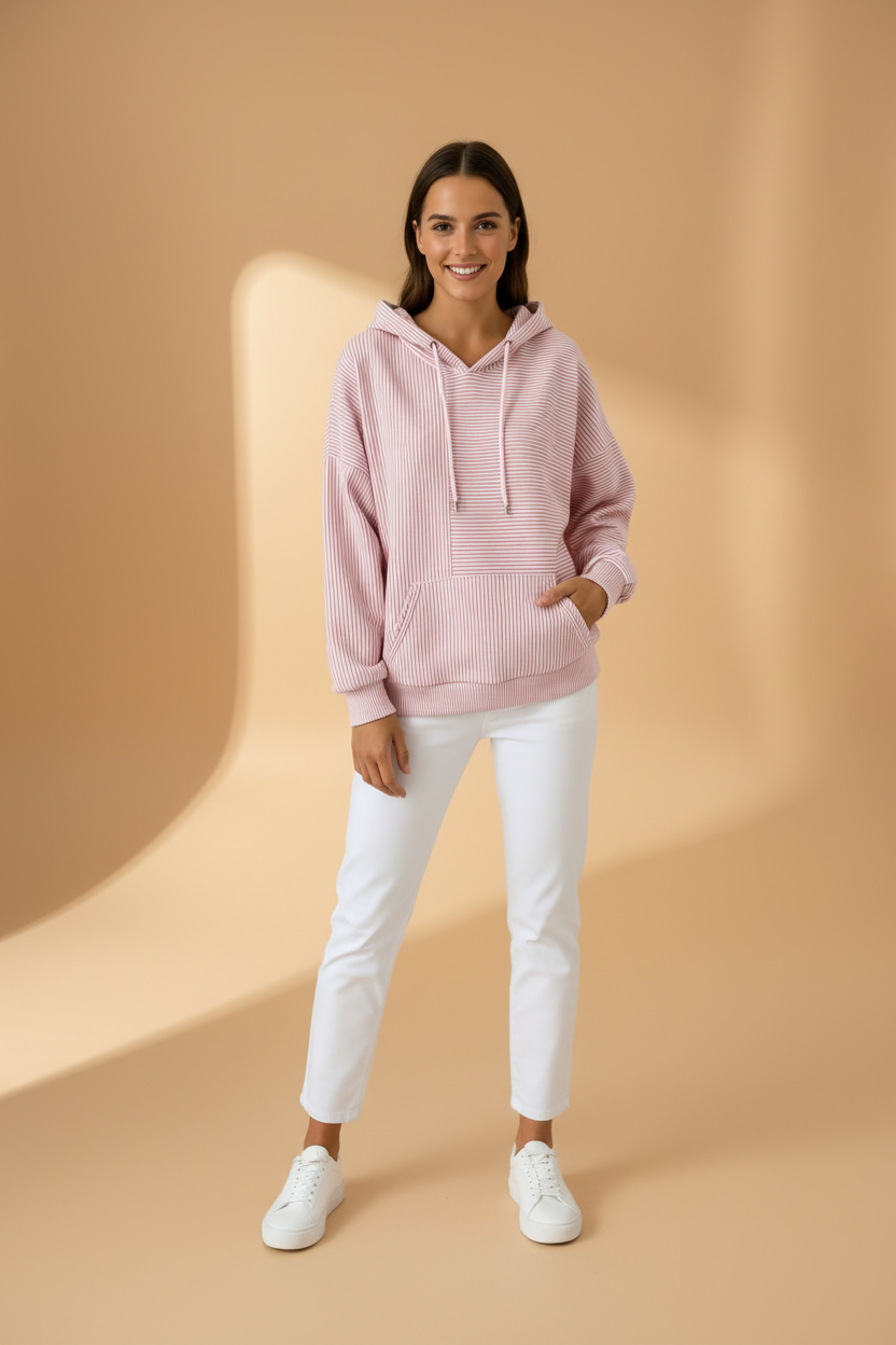 Tweekleurige hoodie met horizontale en verticale strepen