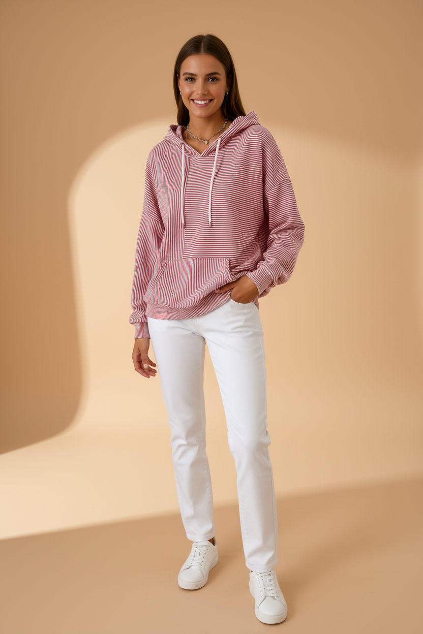 Tweekleurige hoodie met horizontale en verticale strepen
