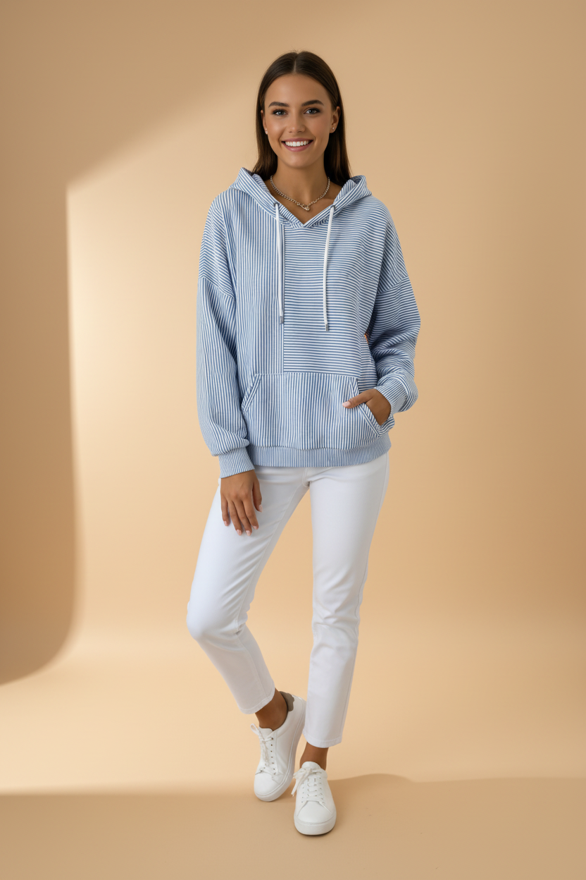 Tweekleurige hoodie met horizontale en verticale strepen