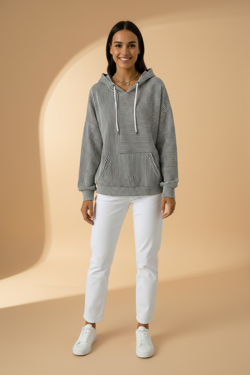Tweekleurige hoodie met horizontale en verticale strepen